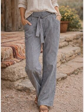Sundance Gray Striped Tie-Waist Wide-Leg Trouser Pants Sz 4